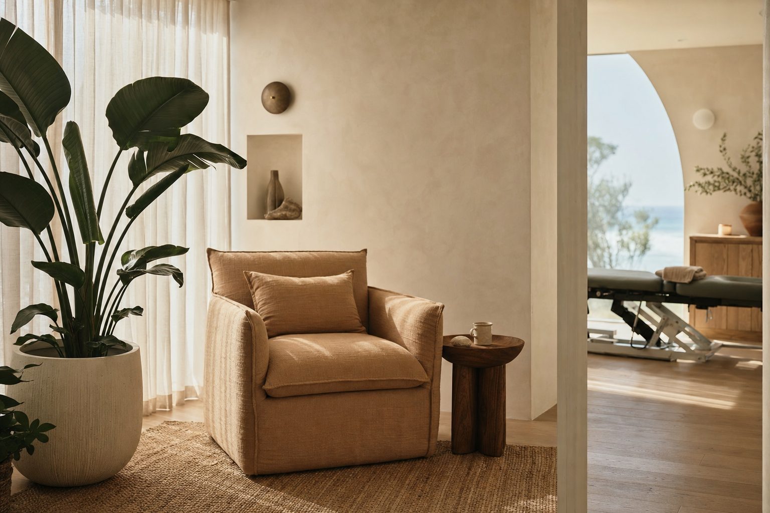 The calm, sunlit waiting space at The Healing Nest