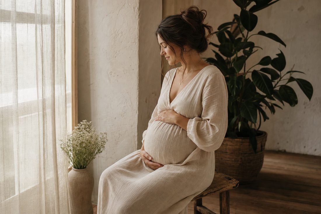 A pregnant woman resting calmly in soft window light